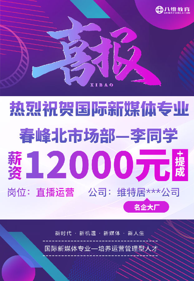 八维职业学校国际新媒体专业最近就业喜报来袭