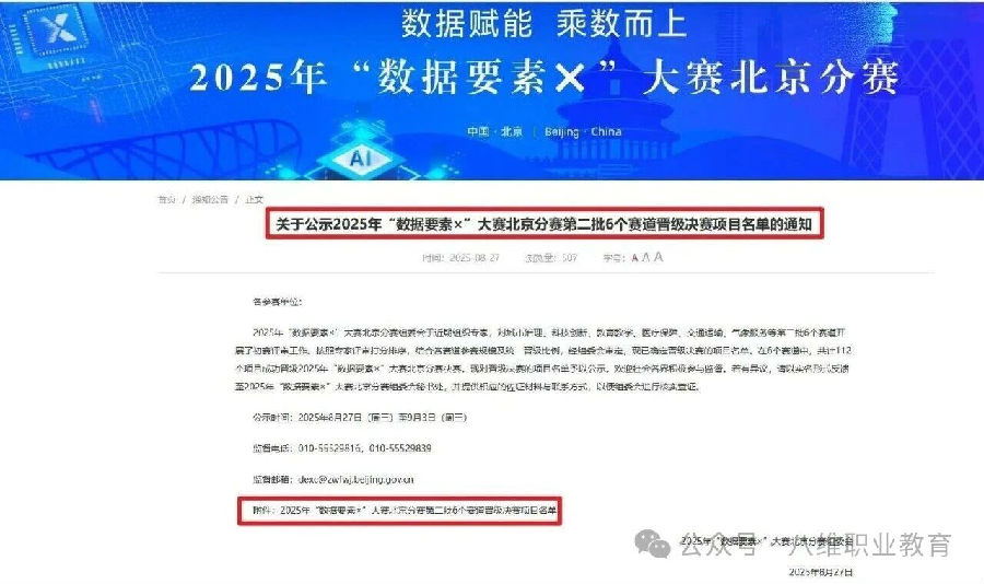 热烈祝贺八维职业学校晋级2025年“数据要素×”大赛北京分赛决赛！